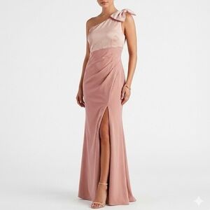 Adrianna Papell Satin One Shoulder Bow Accent Evening Gown Pink Size 8 Dress